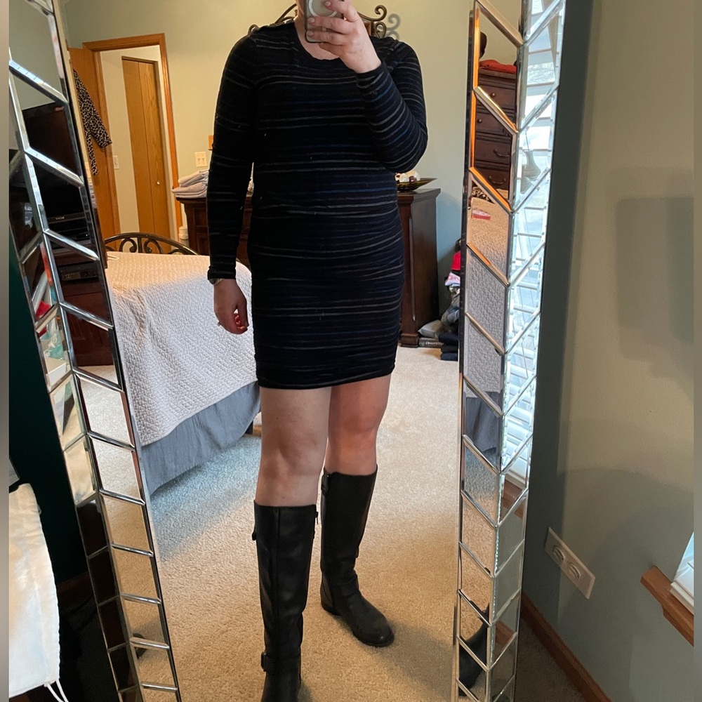 WHBM Black Long Sleeve Bodycon Dress with Iridescent Blue, Pink & Silver Stripes